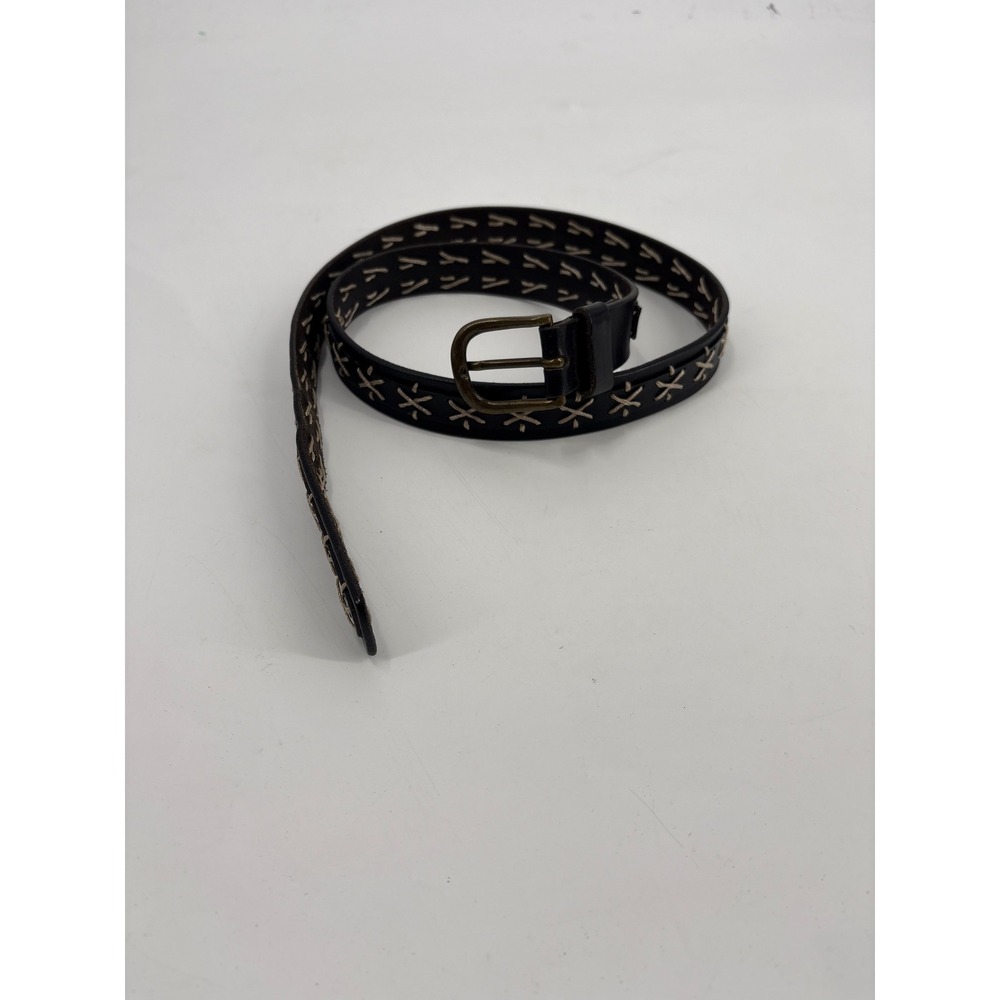 Basco Black Leather Whipstitch Belt Brass Buckle Western Boho Mens Womens